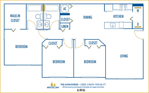 Floor plan for 3 beds, 2 baths, 1155 sqft